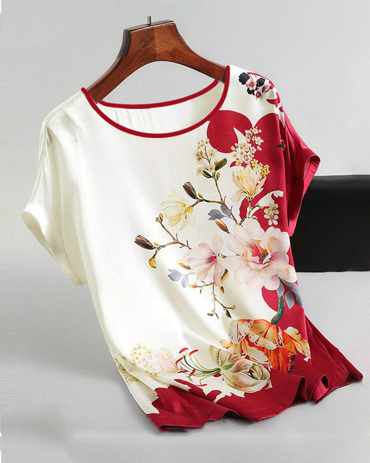 T-shirt manches courtes en soie glacée imprimée