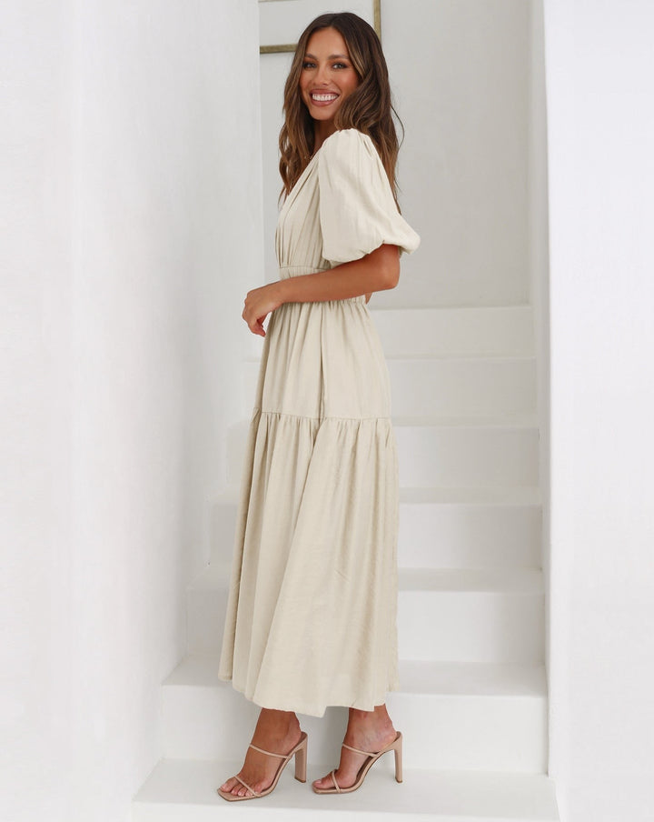 Raquel | Robe à col en V avec taille cintrée et manches bouffantes pour femme