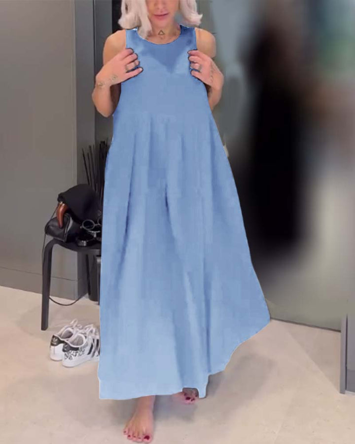 Robe débardeur plissée élégante de couleur unie