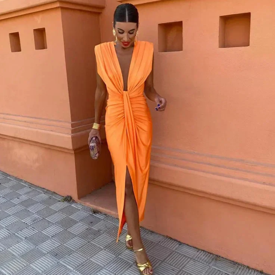 Annalie | Robe Midi avec Décolleté Plongeant et Volants Élégants pour Femme