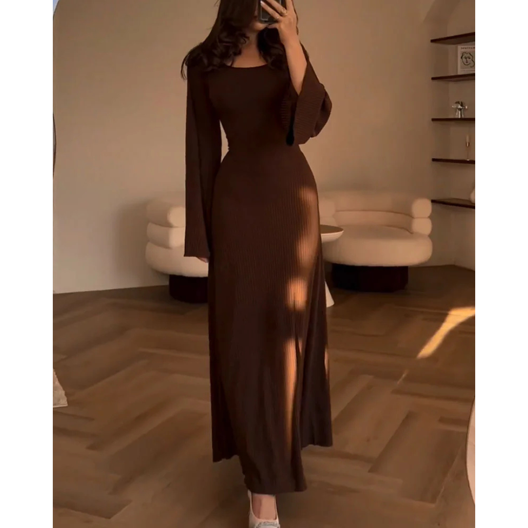 Antoinette | Robe Longue en Maille Côtelée avec Manches Évasées pour Femme