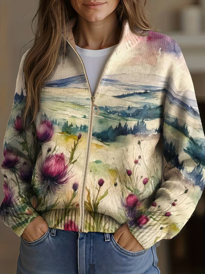 Cardigan zippé aquarelle de chardon
