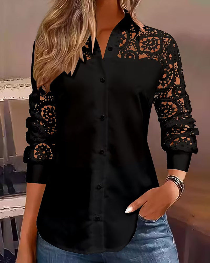 Blouse Couleur Unie Revers Dentelle Patchwork