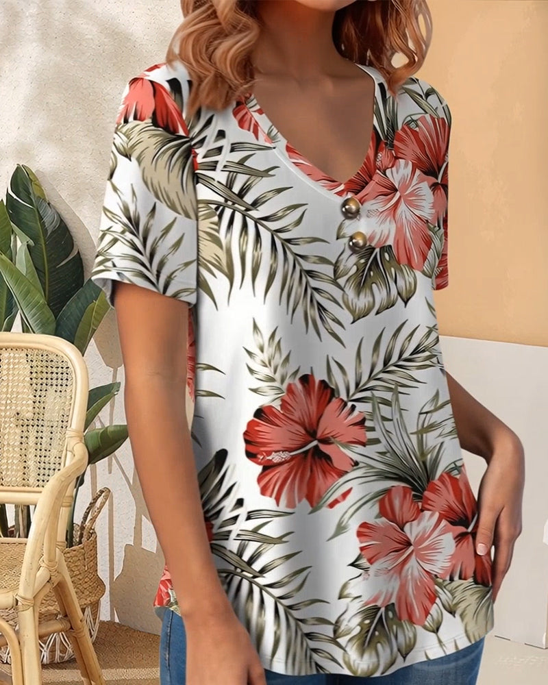 T-Shirt Col-V Imprimé Feuille Manches Courtes