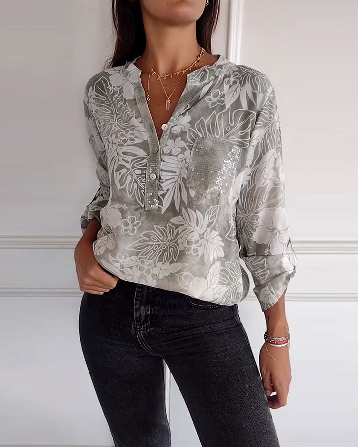 Haut imprimé feuilles à sequins patchwork
