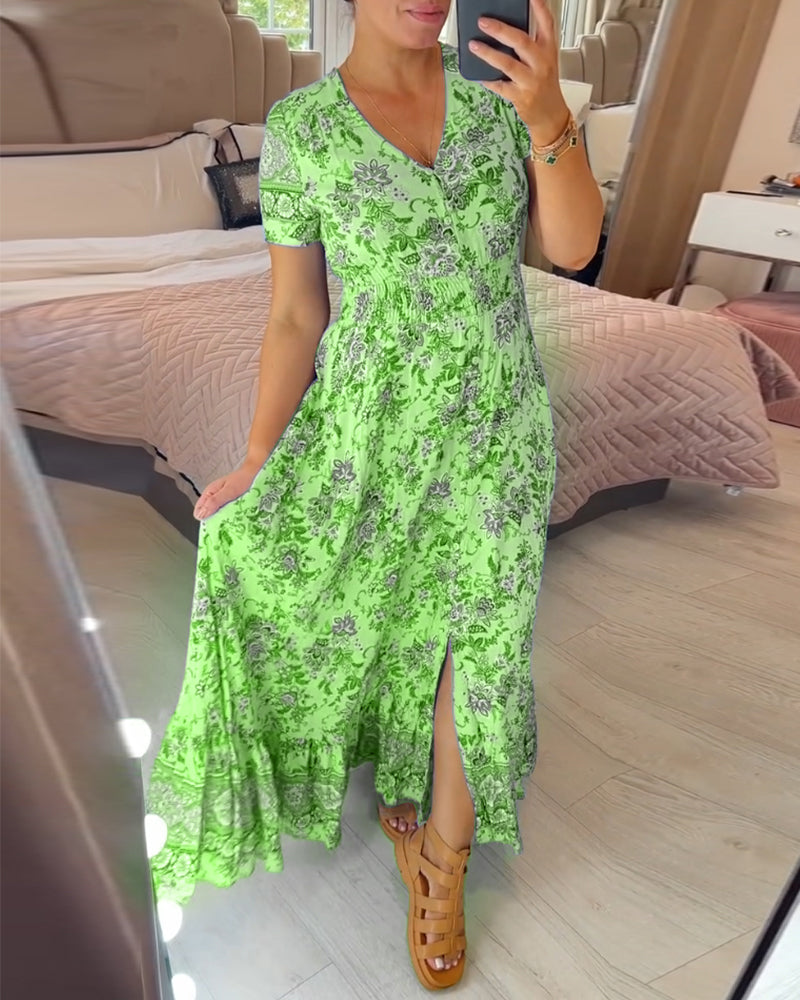 Robe col V à imprimé fleuri