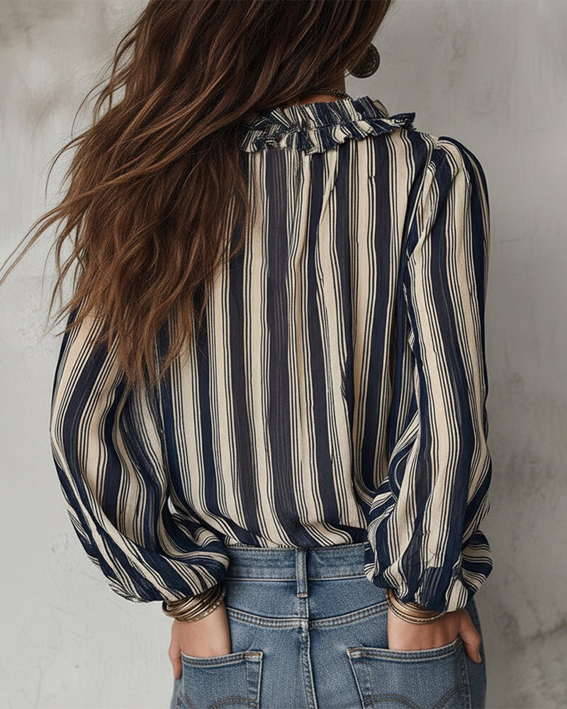 Blouse Profond Col V Rayures Verticales Loose