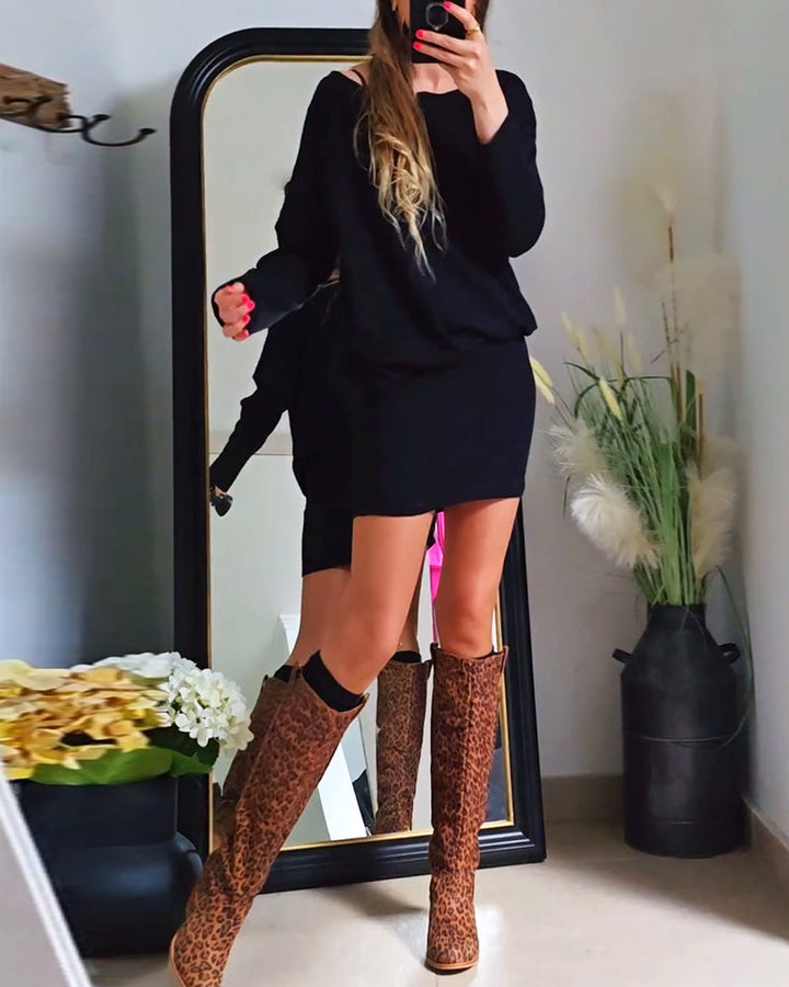 Robe tendance à manches longues et col rond de couleur unie