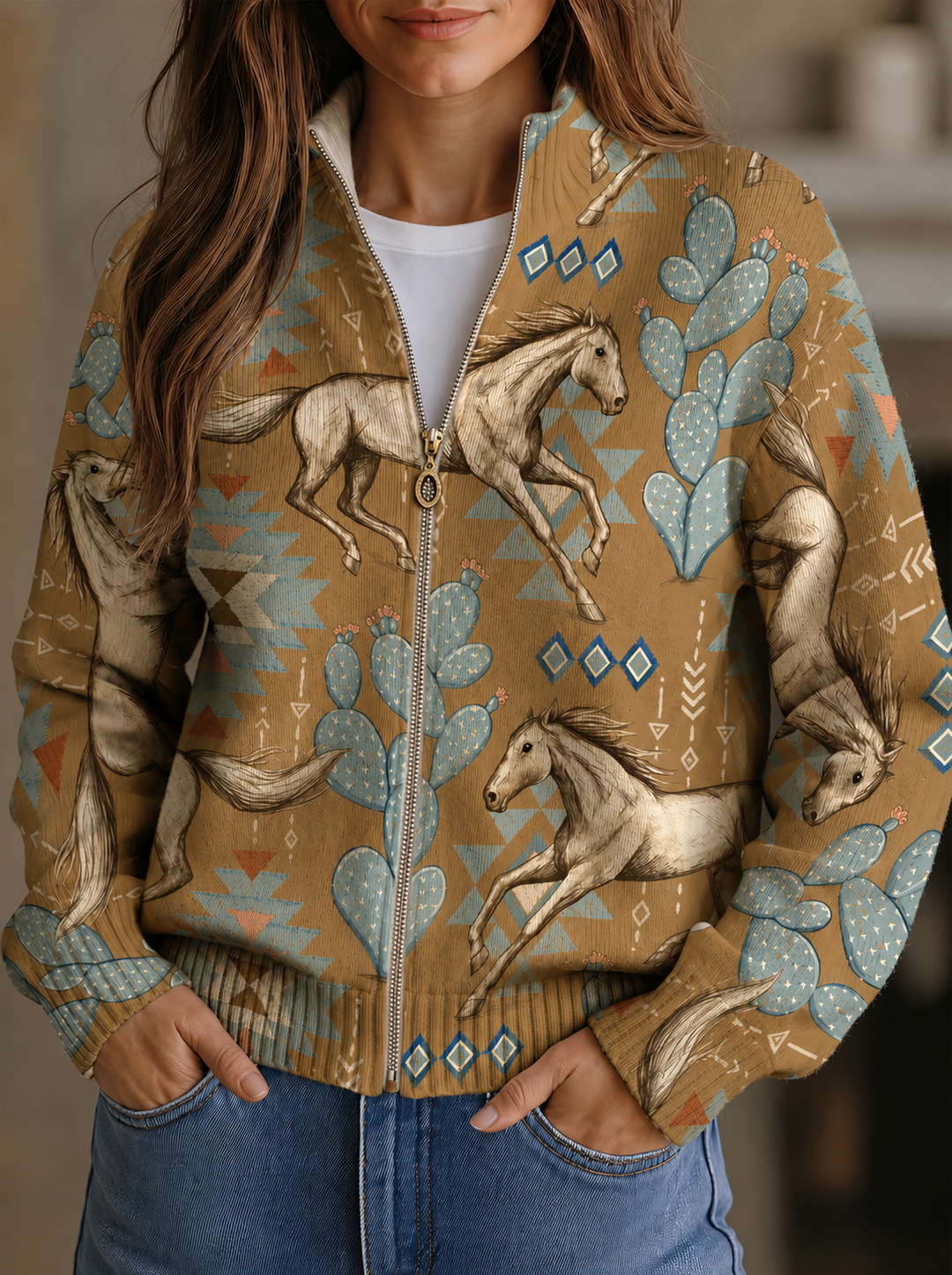 Cardigan zippé en cheval des déserts et cactus