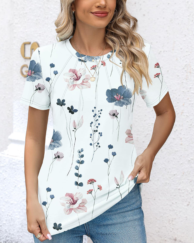 T-Shirt Col Rond Tout-Imprimé Polyvalent