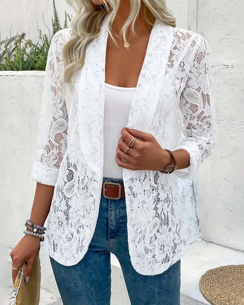 Manteau élégant à revers en dentelle florale de couleur unie
