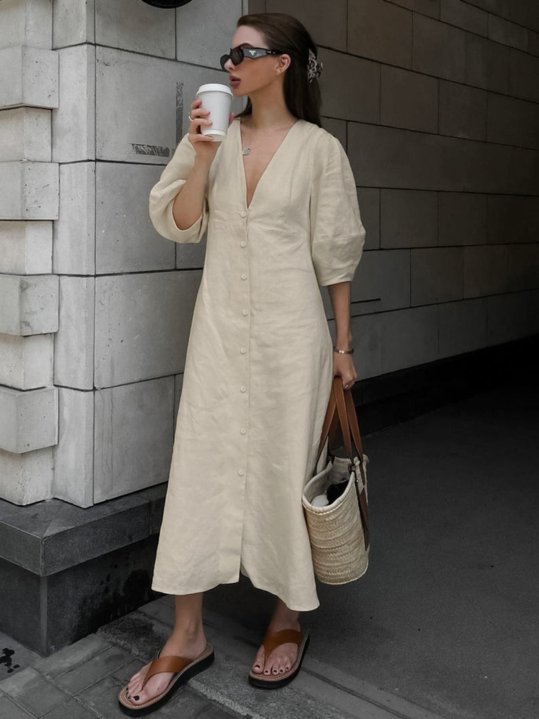 Darya | Robe Midi en Lin Boutonnée et Décontractée pour Femmes