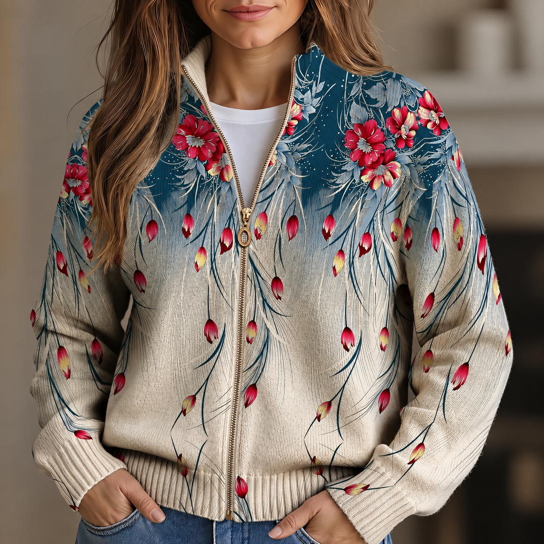 Cardigan zippé en plumes de paon dégradé