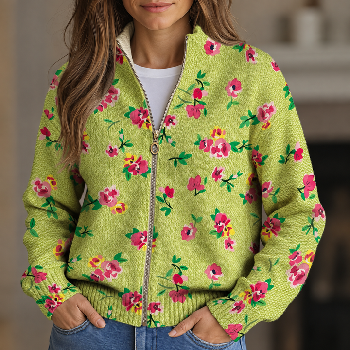 Cardigan zippé floral vert lime et rose