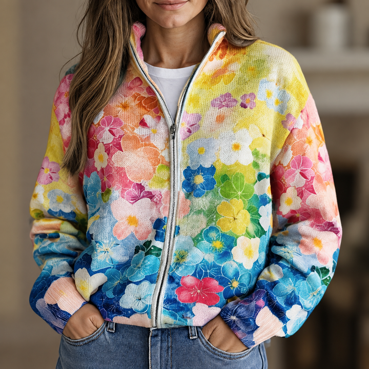 Cardigan zippé dégradé aquarelle floral