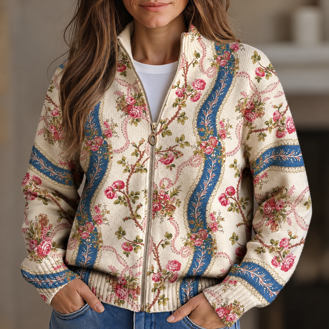 Cardigan zippé à ruban de roses grimpantes