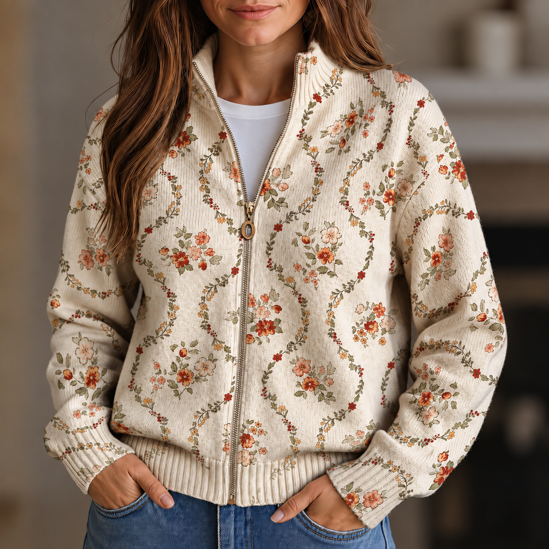 Cardigan zippé floral crème