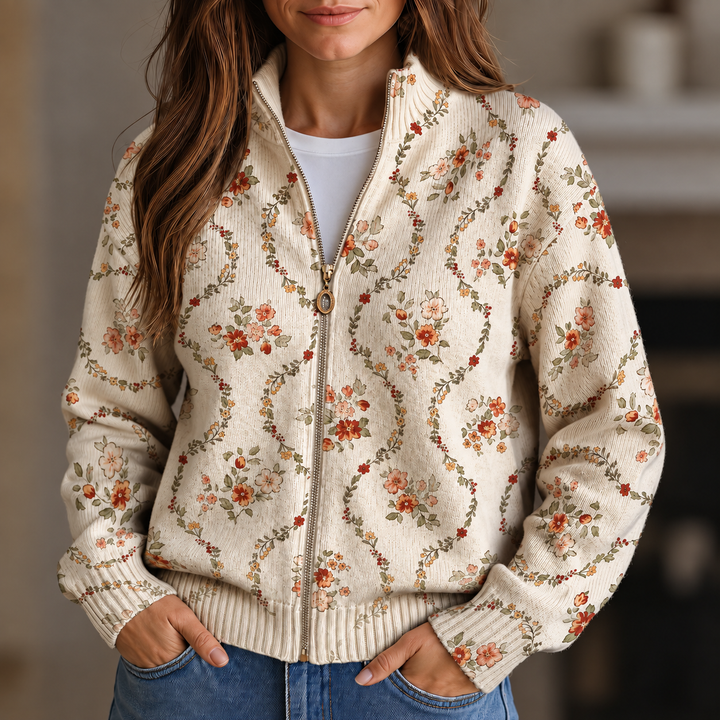 Cardigan zippé floral crème