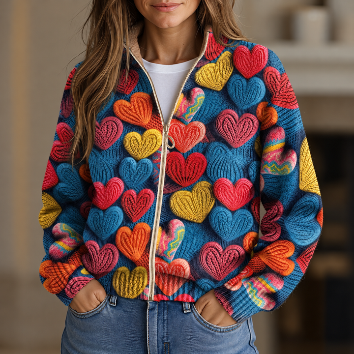 Cardigan zippé multicolore en forme de cœur