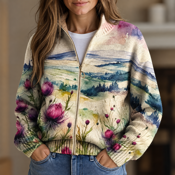 Cardigan zippé aquarelle de chardon