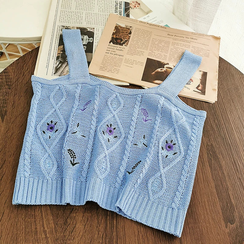 HELIAR Women Flower Embroidery Knitted Crop Tops Women Casual Tube Tops Casual Ribbed Cute Tops Crop Tops Women 2024 Summer