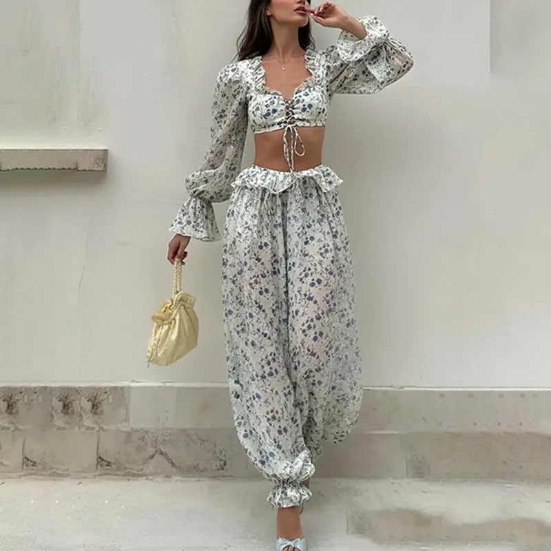 Ruffled Trousers Short Tops Two-piece Set Spring Summer Women's Long-sleeved Waist Casual Fashion Trousers Set Костюм Женский
