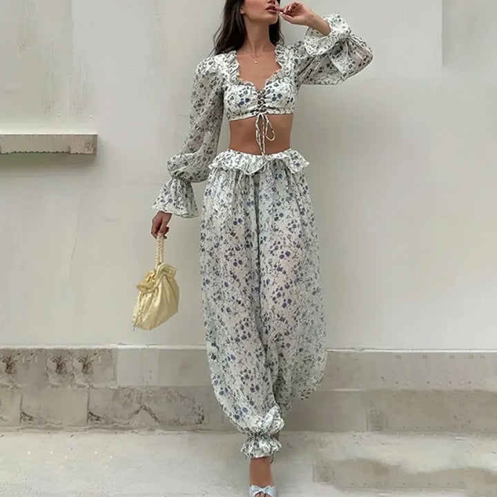 Ruffled Trousers Short Tops Two-piece Set Spring Summer Women's Long-sleeved Waist Casual Fashion Trousers Set Костюм Женский
