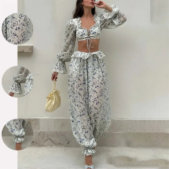 Ruffled Trousers Short Tops Two-piece Set Spring Summer Women's Long-sleeved Waist Casual Fashion Trousers Set Костюм Женский