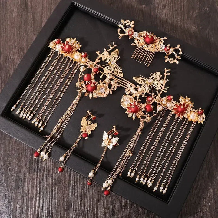 Women Fashion Xiuhe Headwear Accessories Chinese Hanfu Bridal Hair Accessories Set Tassel Dragon Phoenix Coat Hair Accessories
