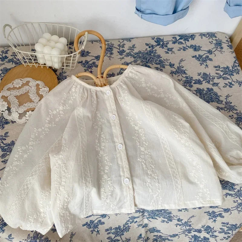 4138 2024 Baby Girls Blouses White Color Autumn Baby Clothes Top Blouses Kids Shirts
