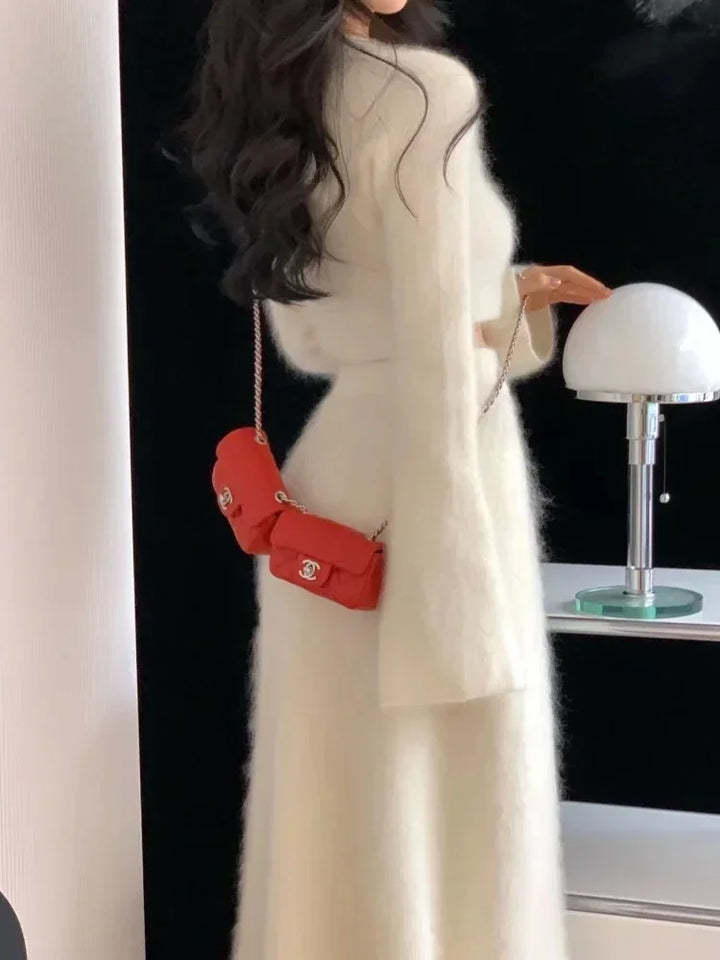 Two Piece Sets Womens Outifits Autumn Winter Solid Knitted Pullover Imitation Mink Matching Sets Skirt Elegant Women's Sets