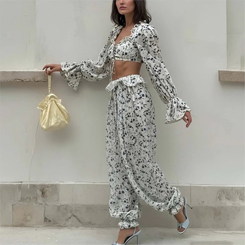 Ruffled Trousers Short Tops Two-piece Set Spring Summer Women's Long-sleeved Waist Casual Fashion Trousers Set Костюм Женский