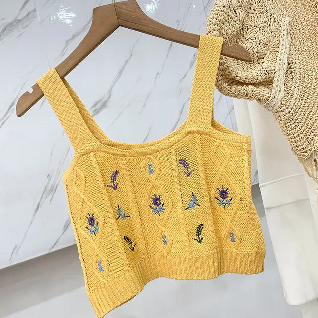 HELIAR Women Flower Embroidery Knitted Crop Tops Women Casual Tube Tops Casual Ribbed Cute Tops Crop Tops Women 2024 Summer