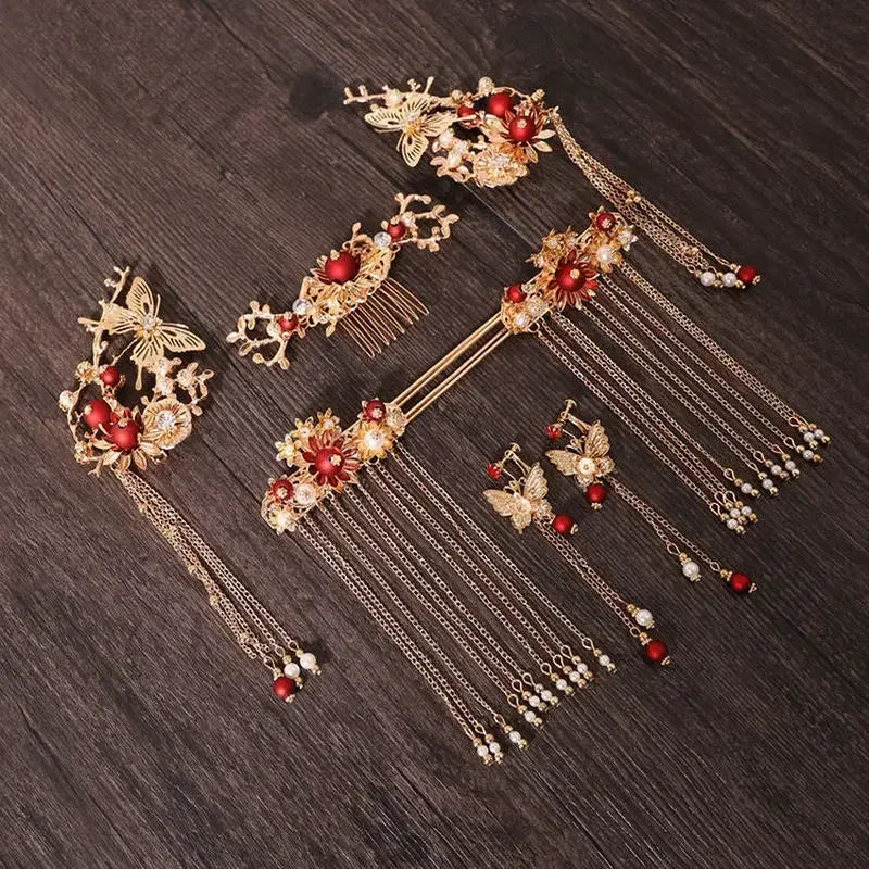 Women Fashion Xiuhe Headwear Accessories Chinese Hanfu Bridal Hair Accessories Set Tassel Dragon Phoenix Coat Hair Accessories