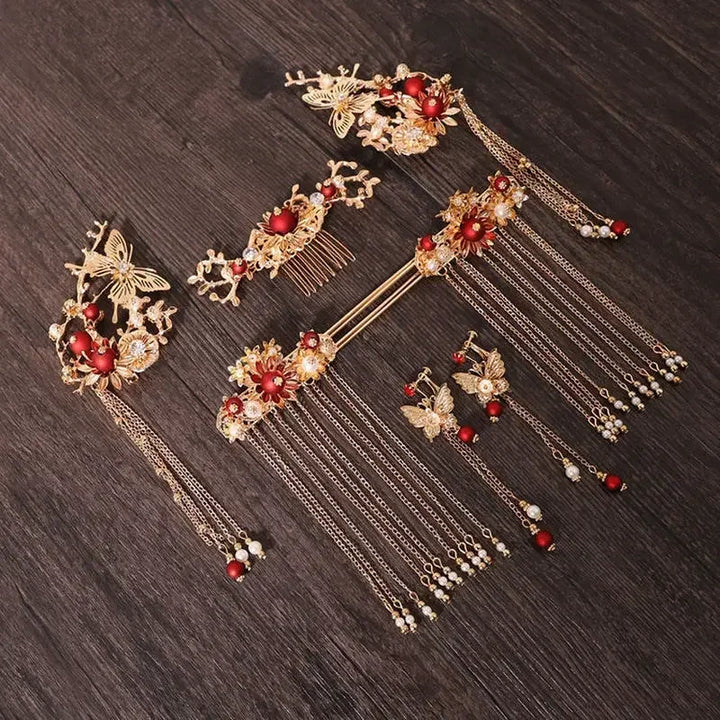 Women Fashion Xiuhe Headwear Accessories Chinese Hanfu Bridal Hair Accessories Set Tassel Dragon Phoenix Coat Hair Accessories