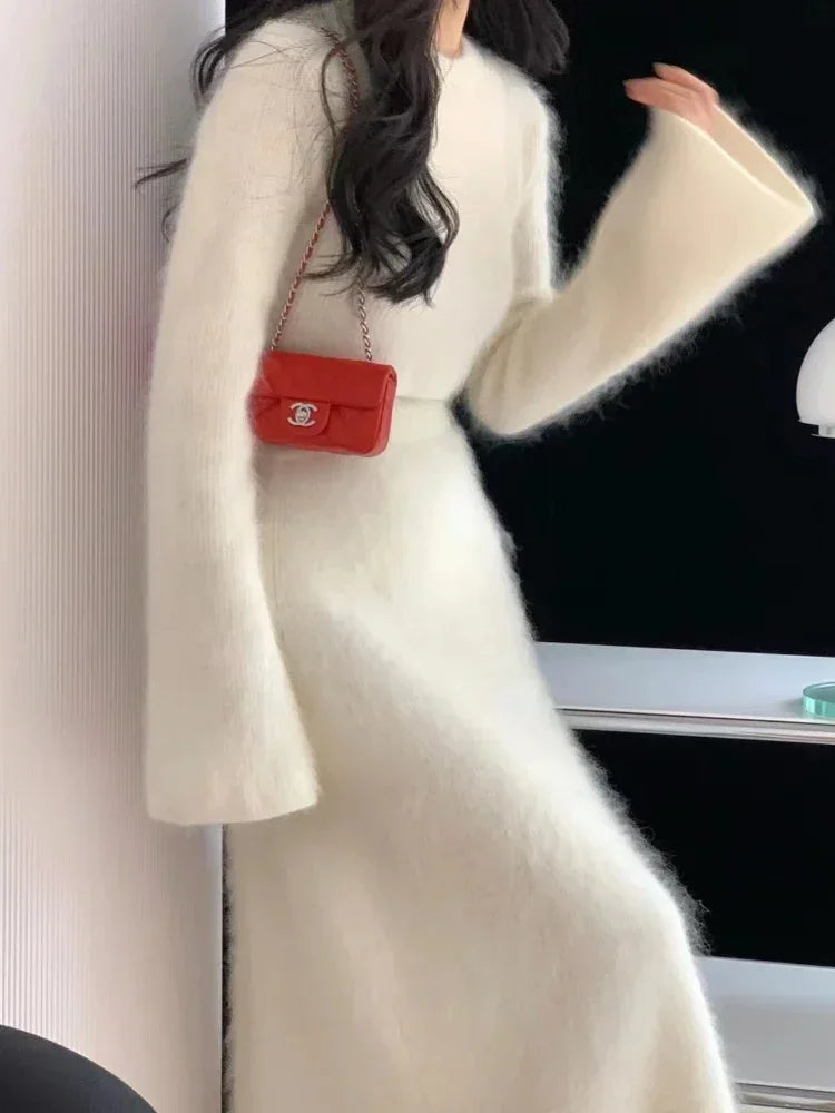 Two Piece Sets Womens Outifits Autumn Winter Solid Knitted Pullover Imitation Mink Matching Sets Skirt Elegant Women's Sets