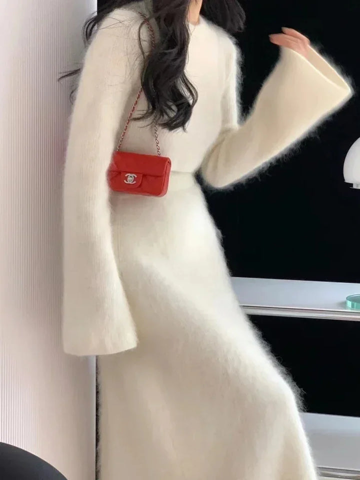 Two Piece Sets Womens Outifits Autumn Winter Solid Knitted Pullover Imitation Mink Matching Sets Skirt Elegant Women's Sets