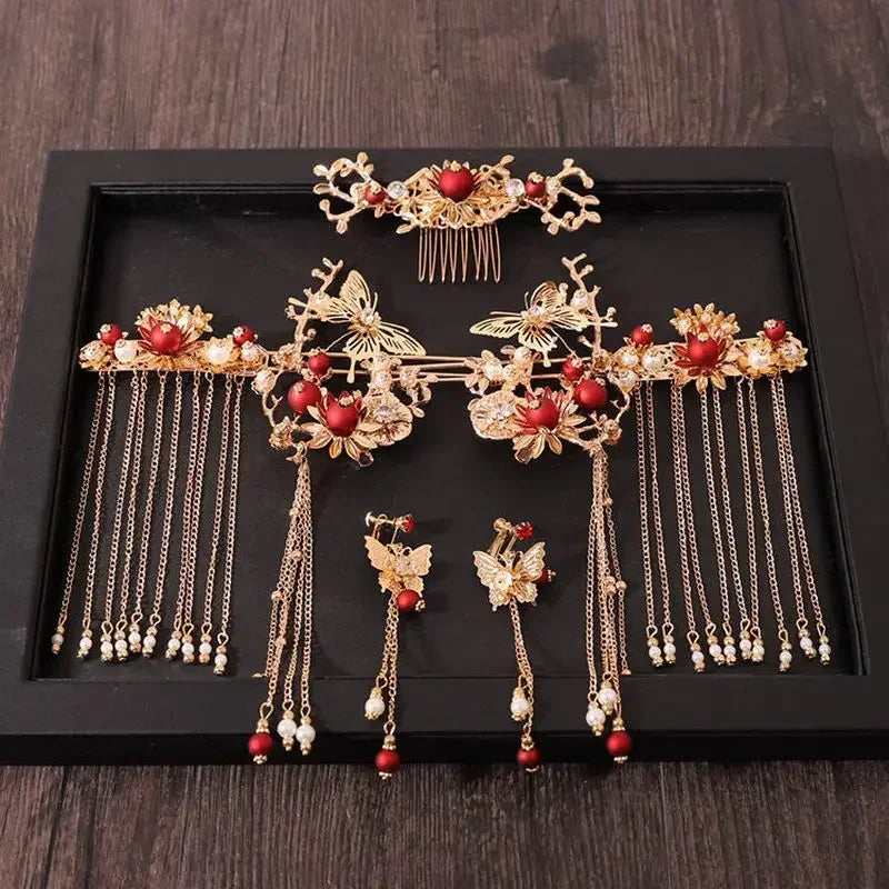 Women Fashion Xiuhe Headwear Accessories Chinese Hanfu Bridal Hair Accessories Set Tassel Dragon Phoenix Coat Hair Accessories
