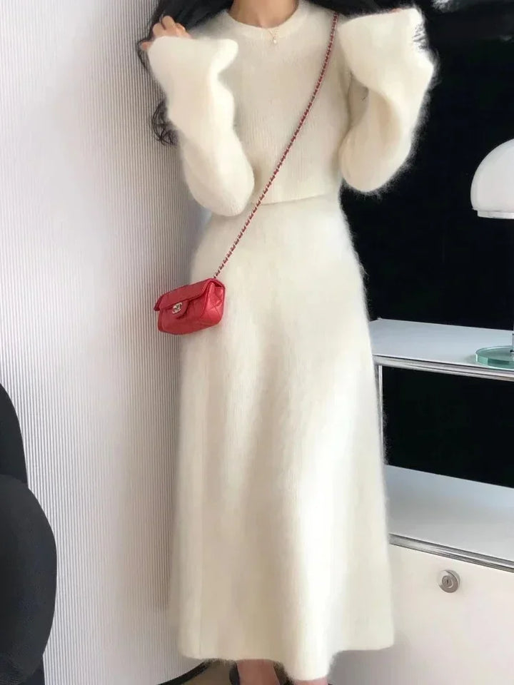 Two Piece Sets Womens Outifits Autumn Winter Solid Knitted Pullover Imitation Mink Matching Sets Skirt Elegant Women's Sets