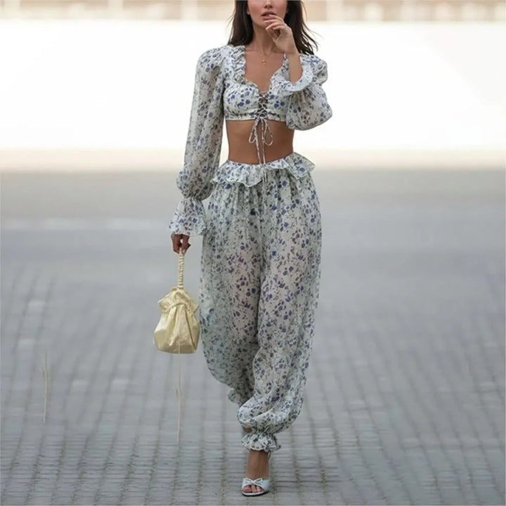 Ruffled Trousers Short Tops Two-piece Set Spring Summer Women's Long-sleeved Waist Casual Fashion Trousers Set Костюм Женский