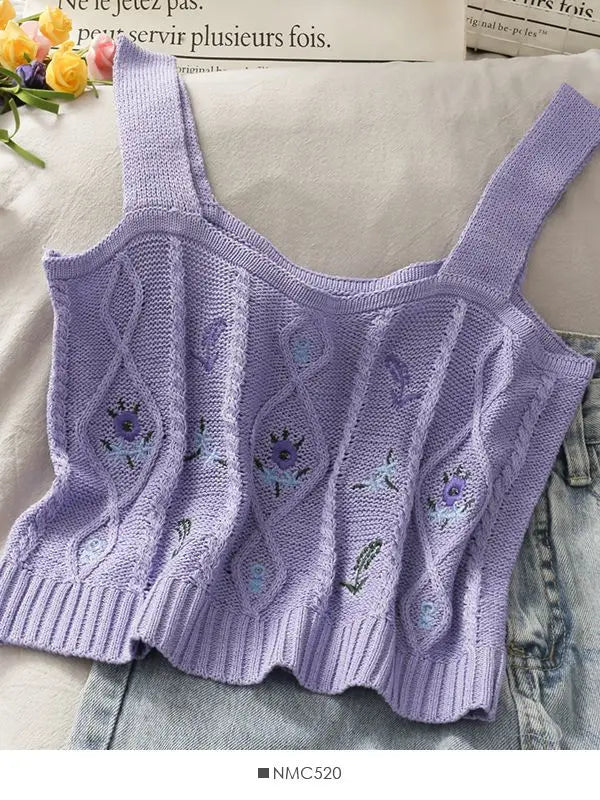 HELIAR Women Flower Embroidery Knitted Crop Tops Women Casual Tube Tops Casual Ribbed Cute Tops Crop Tops Women 2024 Summer