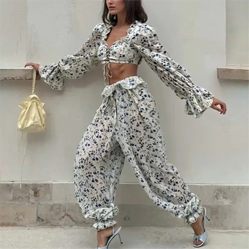 Ruffled Trousers Short Tops Two-piece Set Spring Summer Women's Long-sleeved Waist Casual Fashion Trousers Set Костюм Женский