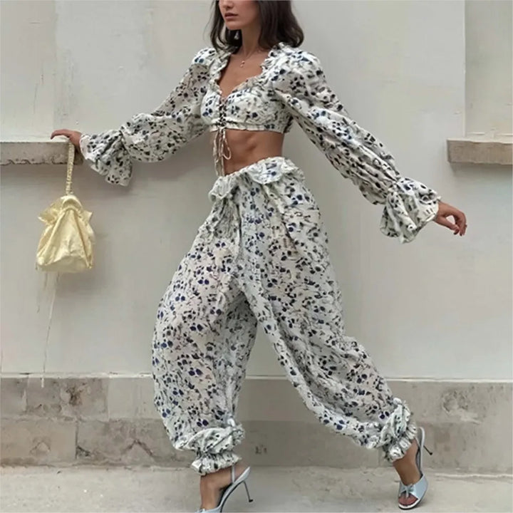 Ruffled Trousers Short Tops Two-piece Set Spring Summer Women's Long-sleeved Waist Casual Fashion Trousers Set Костюм Женский