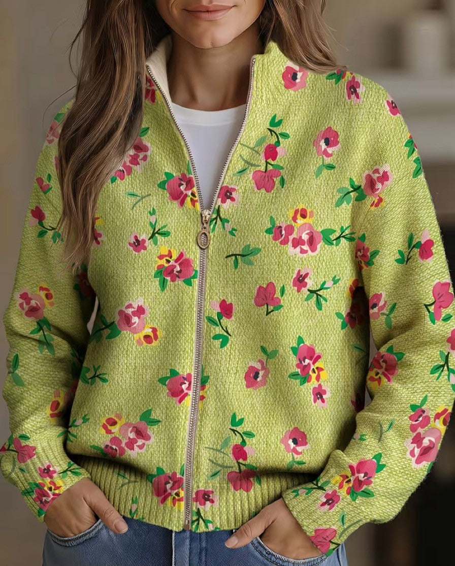 Cardigan zippé floral vert lime et rose