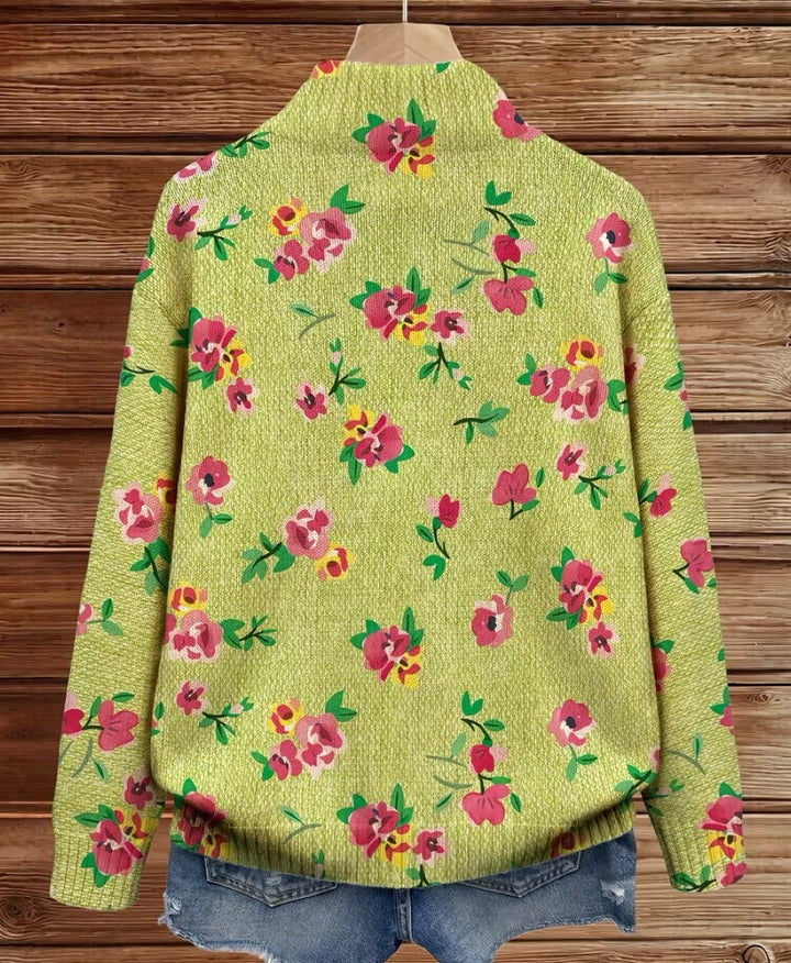 Cardigan zippé floral vert lime et rose