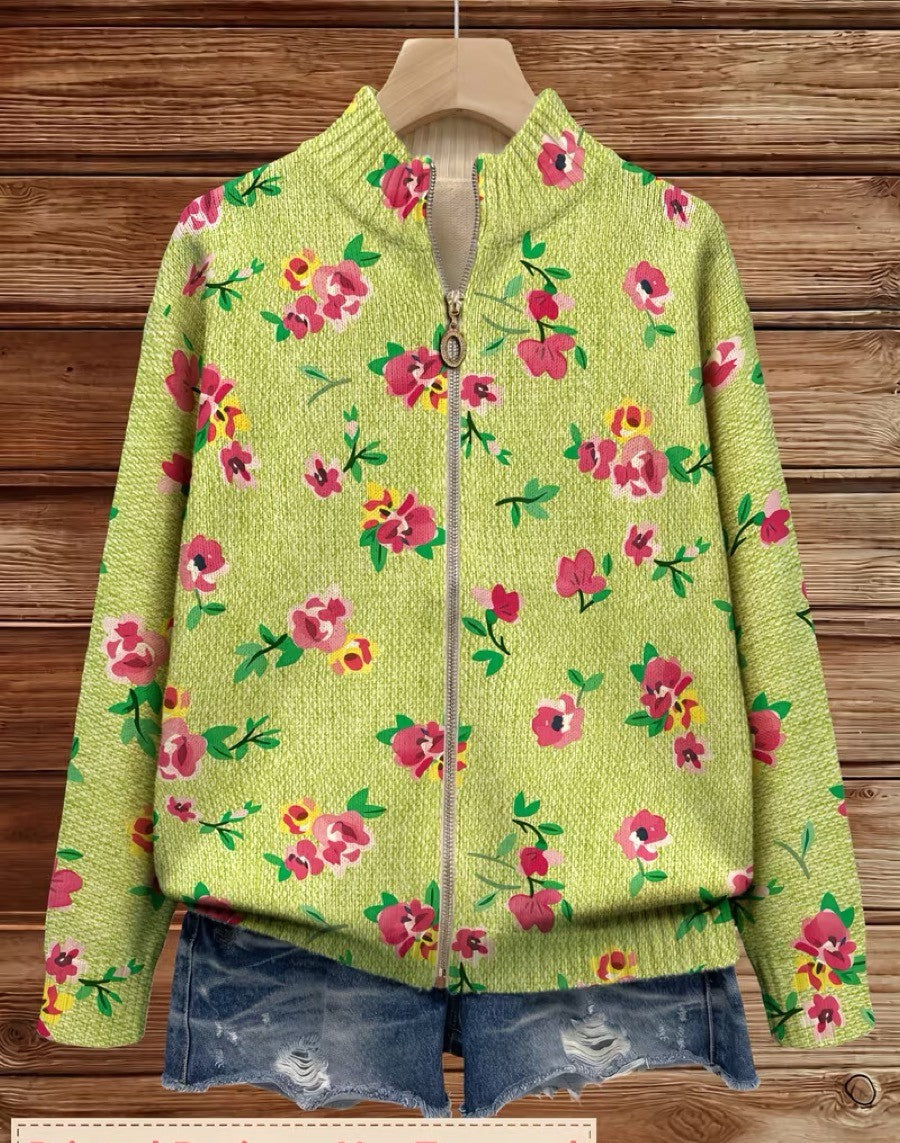 Cardigan zippé floral vert lime et rose