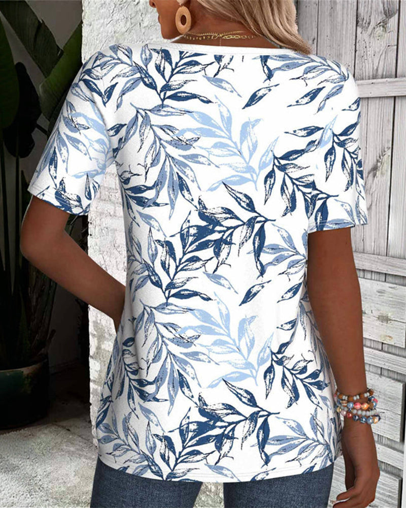 T-Shirt Col En V Manches Courtes Imprimé Feuilles De Bambou