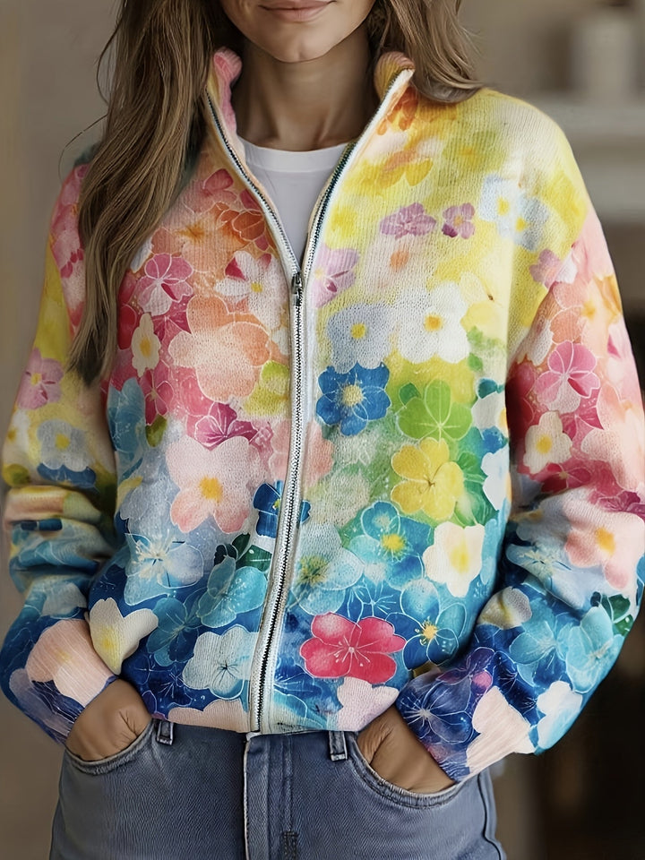 Cardigan zippé dégradé aquarelle floral