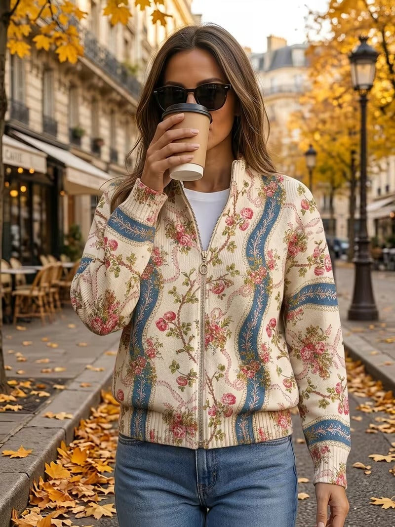 Cardigan zippé à ruban de roses grimpantes