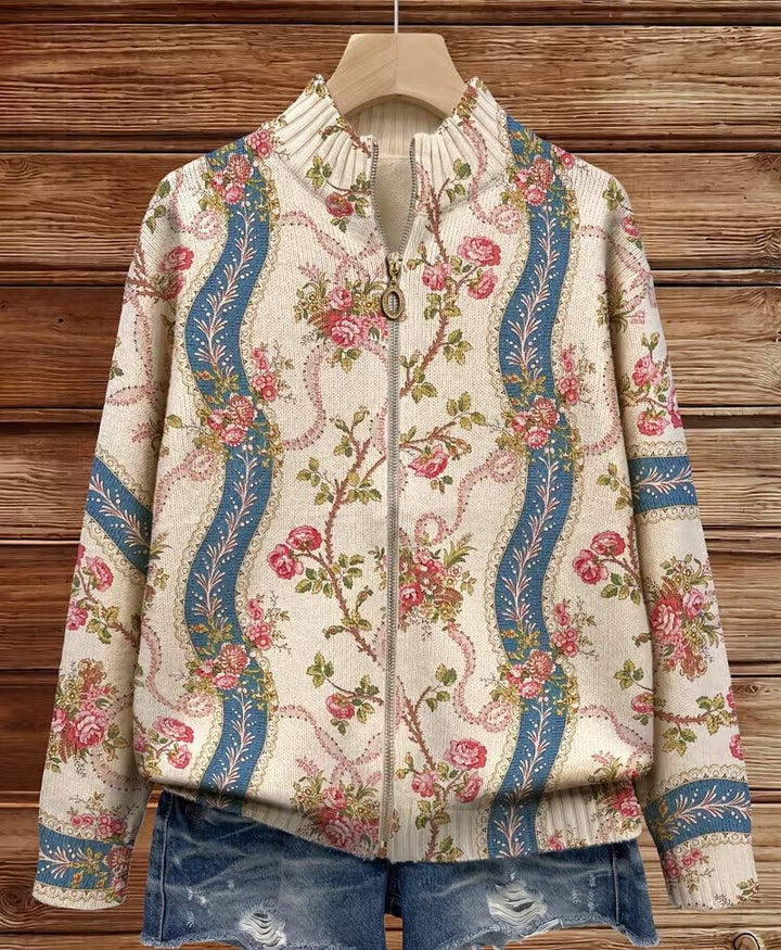Cardigan zippé à ruban de roses grimpantes